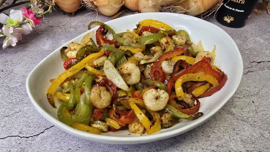 Verduras y gambas en freidora de aire