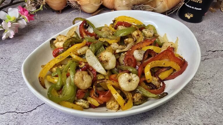 Verduras y gambas en freidora de aire